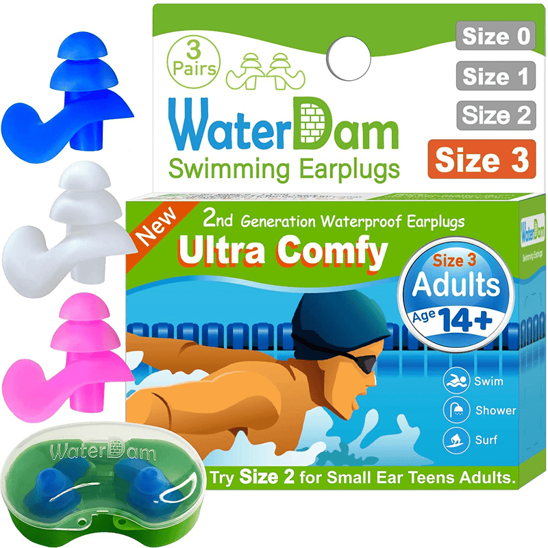 WaterDam Swimming Ear Plugs Great Waterproof Ultra Comfy Earplugs Prevent Swimmer's Ear Sporting Goods > Outdoor Recreation > Boating & Water Sports > Swimming WaterDam Size 3: Adults & Teens 14+ (White Blue Pink)  