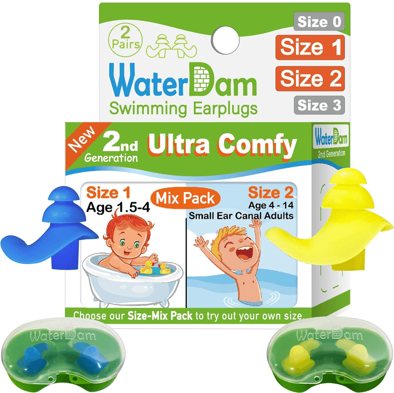 WaterDam Swimming Ear Plugs Great Waterproof Ultra Comfy Earplugs Prevent Swimmer's Ear Sporting Goods > Outdoor Recreation > Boating & Water Sports > Swimming WaterDam Size 1+2: Toddler 1.5-4yr (Blue) / Kids 4-14yr (Yellow)  