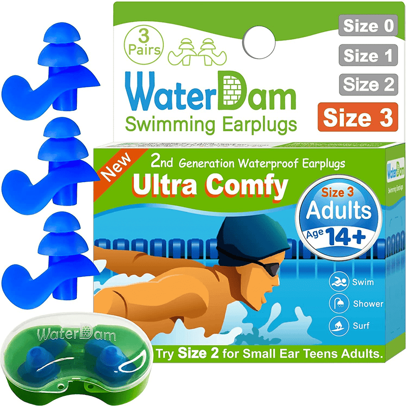 WaterDam Swimming Ear Plugs Great Waterproof Ultra Comfy Earplugs Prevent Swimmer's Ear Sporting Goods > Outdoor Recreation > Boating & Water Sports > Swimming WaterDam Size 3: Adults & Teens 14+ (Blue Blue Blue)  