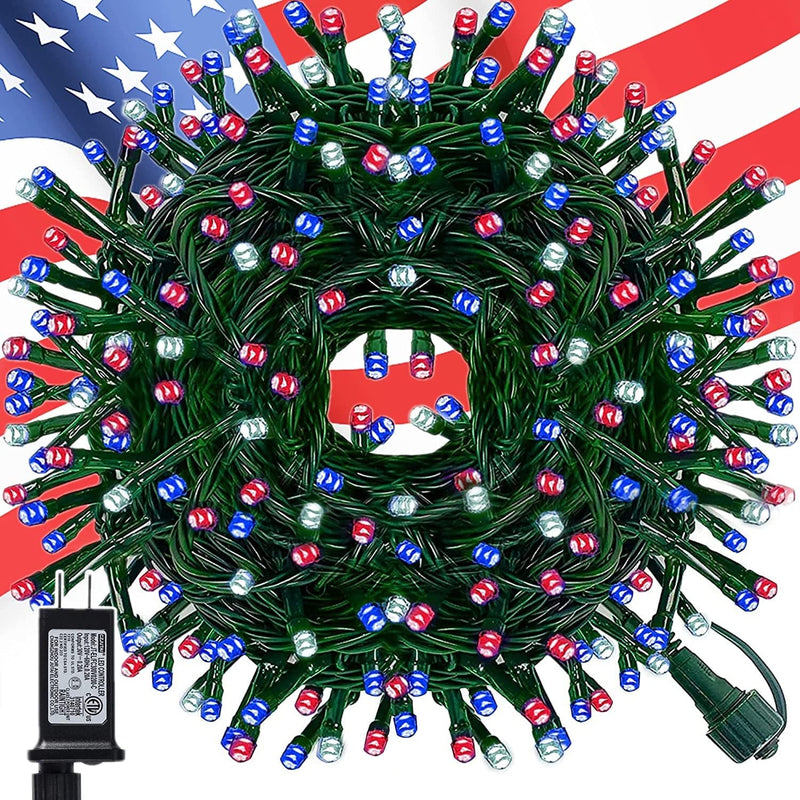 WATERGLIDE 300 LED Christmas Lights, 98.5FT Xmas String Light 8 Lighting Modes, Plug in Waterproof Mini Lights for Outdoor Indoor Holiday Christmas Tree Wedding Party Bedroom Decorations (Multicolor) Home & Garden > Lighting > Light Ropes & Strings Linhai Huanbo Lighting Co., Ltd. Red & White & Blue, 200LED  
