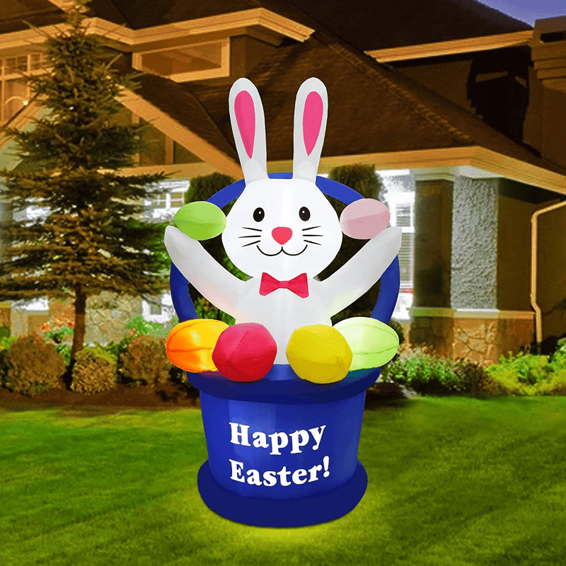 WATERGLIDE 5 FT Inflatable Easter Decoration, Lighted Bunny with Colorful Eggs in Blue Basket, Cute Rabbit Blow up Indoor Outdoor for Holiday Lawn Yard Garden outside Decorations