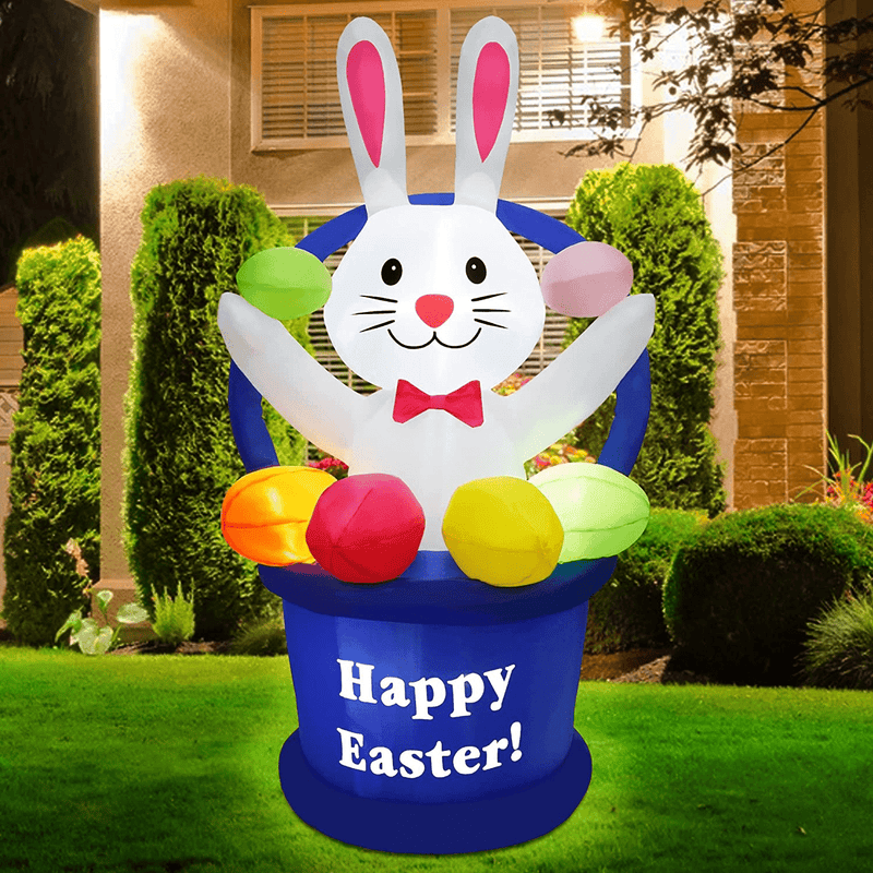 WATERGLIDE 5 FT Inflatable Easter Decoration, Lighted Bunny with Colorful Eggs in Blue Basket, Cute Rabbit Blow up Indoor Outdoor for Holiday Lawn Yard Garden outside Decorations