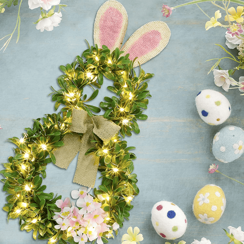 WATERGLIDE Lighted Easter Bunny Wreaths for Front Door, 10X19 Inch Pre-Lit Greenery Wreath, Cute Boxwood Wreath Battery Powered with LED Light & Timer, Hanging Wall Window for Spring Easter Decoration Home & Garden > Decor > Seasonal & Holiday Decorations WATERGLIDE   