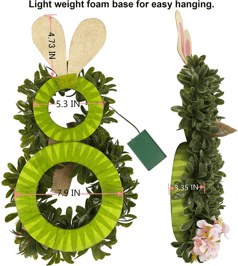 WATERGLIDE Lighted Easter Bunny Wreaths for Front Door, 10X19 Inch Pre-Lit Greenery Wreath, Cute Boxwood Wreath Battery Powered with LED Light & Timer, Hanging Wall Window for Spring Easter Decoration Home & Garden > Decor > Seasonal & Holiday Decorations WATERGLIDE   