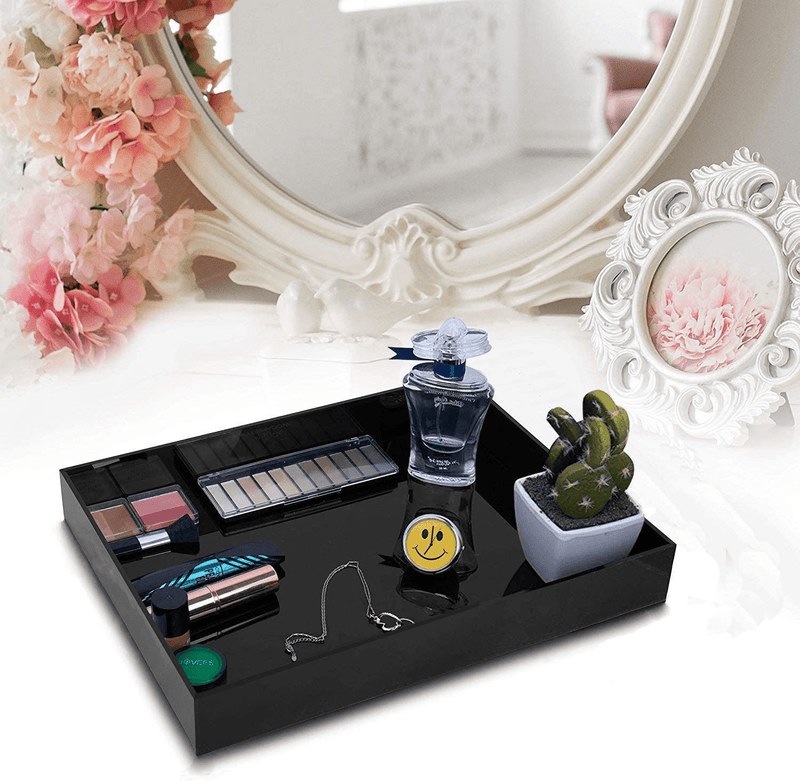 Waterproof Acrylic Vanity Tray, Acrylic Tray, Sturdy Valet Tray Organizer, Thick Lucite Nightstand Dresser or Bathroom Organizer for Change, Coin, Key, Phone, Glasses, Black Acrylic Tray