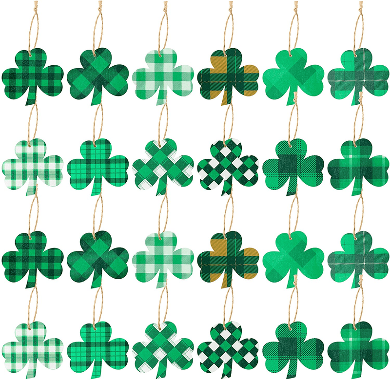 WATINC 25 Pack Clover Wooden Ornament, Classic Styles of St. Patrick’S Day Hanging Wooden Pendant, Clover Shaped Cutouts Tree Pendant for Celebrate Irish Day Party,Saint Patty’S Day Home Hanging Decor