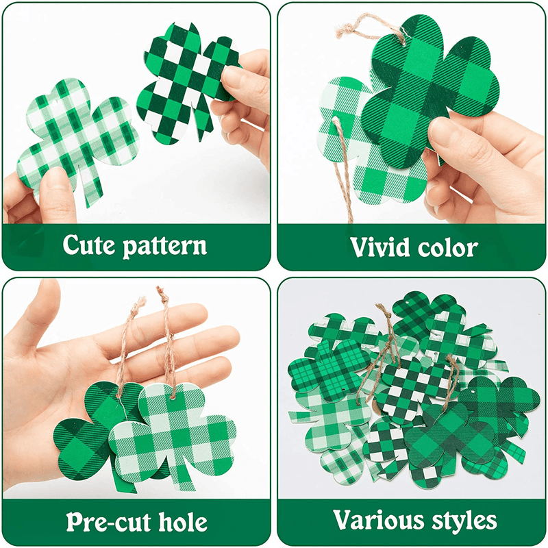 WATINC 25 Pack Clover Wooden Ornament, Classic Styles of St. Patrick’S Day Hanging Wooden Pendant, Clover Shaped Cutouts Tree Pendant for Celebrate Irish Day Party,Saint Patty’S Day Home Hanging Decor
