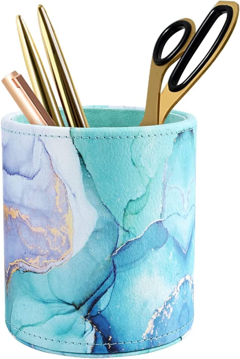 WAVEYU Pen Holder, Makeup Brush Holder Leather Cute Floral Pattern Pencil Cup for Girls Kids Women Durable Stand Desk Organizer Storage Gift for Office, Classroom, Home, Green Flower
