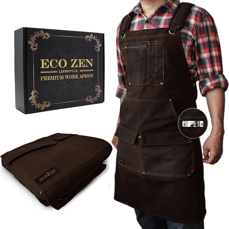 Waxed Canvas Apron (Kevlar Thread) Welding Apron - Heat&Chemical Resistant Heavy Duty Fully Adjustable to Comfortably Fit Men and Women Size S to XXL | Tool Apron Give Protection and Last a Lifetime Hardware > Tool Accessories > Welding Accessories ecoZen Lifestyle Brown  