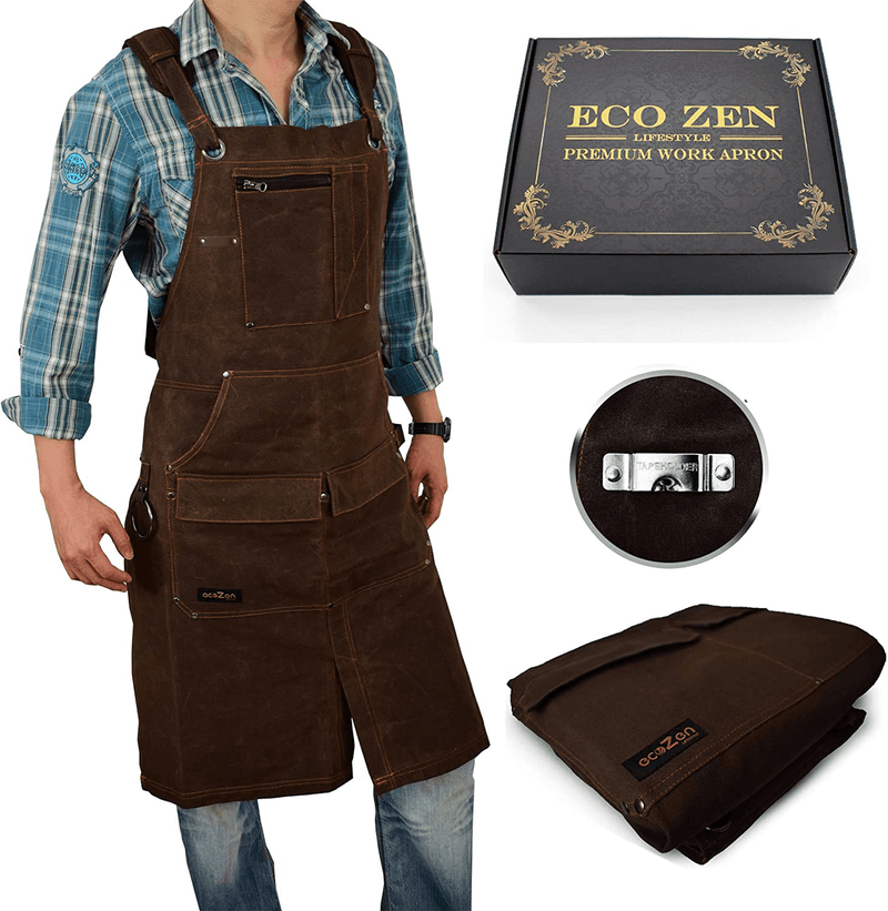 Waxed Canvas Apron (Kevlar Thread) Welding Apron - Heat&Chemical Resistant Heavy Duty Fully Adjustable to Comfortably Fit Men and Women Size S to XXL | Tool Apron Give Protection and Last a Lifetime Hardware > Tool Accessories > Welding Accessories ecoZen Lifestyle Dark Brown Long  