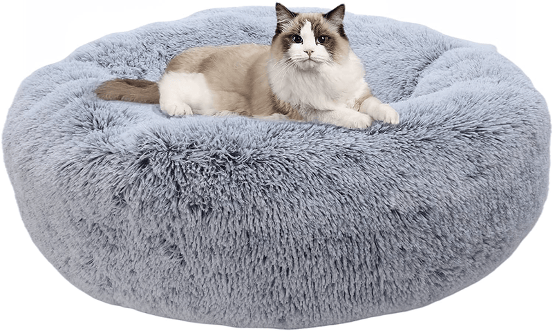WAYIMPRESS Calming Dog Bed for Small Dog&Cat ,Comfy Self Warming round Dog Bed with Fluffy Faux Fur for anti Anxiety and Cozy Animals & Pet Supplies > Pet Supplies > Cat Supplies > Cat Beds WAYIMPRESS Light Grey 24x24 inch 