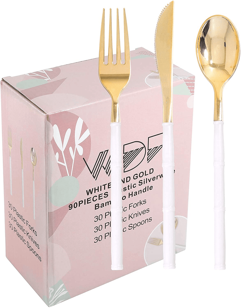 WDF 90Pieces Gold Plastic Silverware-Gold Plastic Cutlery with White Handle- Heavyweight Disposable Flatware Include 30Forks, 30 Spoons, 30 Knives Home & Garden > Kitchen & Dining > Tableware > Flatware > Flatware Sets WDF Gold  