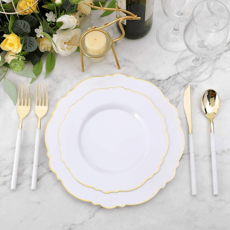 WDF 90Pieces Gold Plastic Silverware-Gold Plastic Cutlery with White Handle- Heavyweight Disposable Flatware Include 30Forks, 30 Spoons, 30 Knives Home & Garden > Kitchen & Dining > Tableware > Flatware > Flatware Sets WDF   