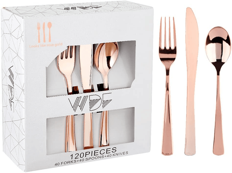 WDF 90Pieces Gold Plastic Silverware-Gold Plastic Cutlery with White Handle- Heavyweight Disposable Flatware Include 30Forks, 30 Spoons, 30 Knives Home & Garden > Kitchen & Dining > Tableware > Flatware > Flatware Sets WDF Rose Gold  