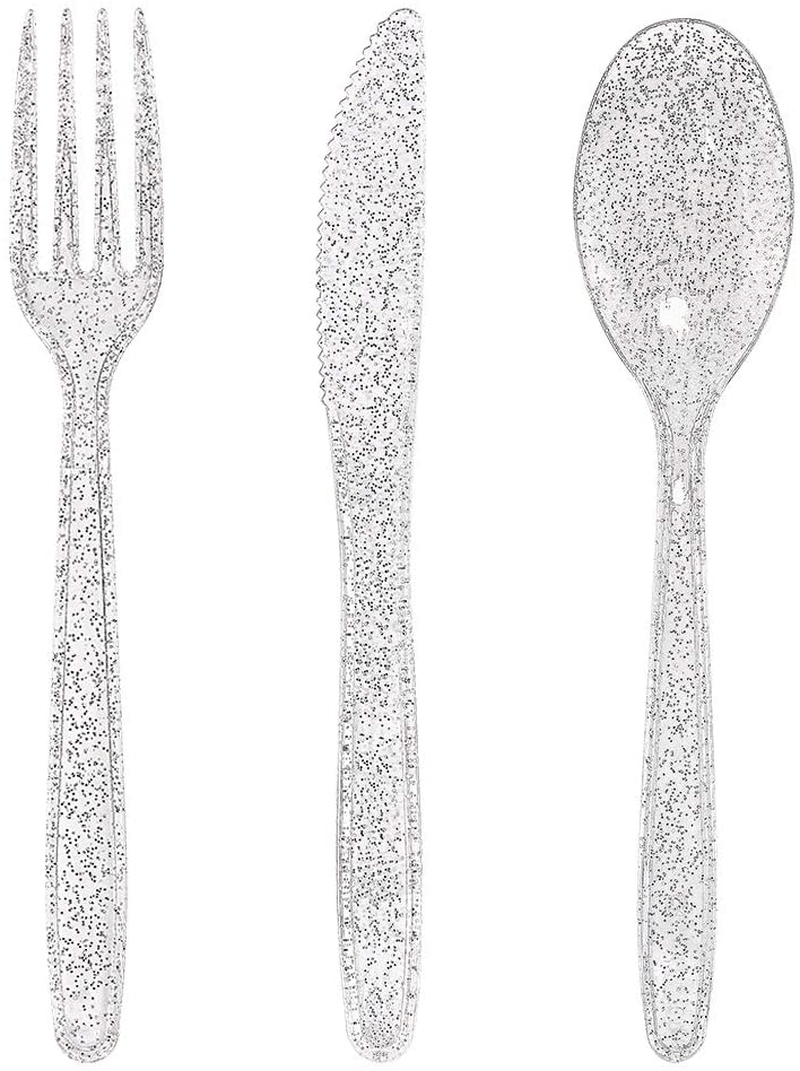 WDF 90Pieces Gold Plastic Silverware-Gold Plastic Cutlery with White Handle- Heavyweight Disposable Flatware Include 30Forks, 30 Spoons, 30 Knives Home & Garden > Kitchen & Dining > Tableware > Flatware > Flatware Sets WDF Silver Glitter Cutlery  