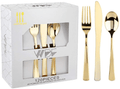 WDF 90Pieces Gold Plastic Silverware-Gold Plastic Cutlery with White Handle- Heavyweight Disposable Flatware Include 30Forks, 30 Spoons, 30 Knives