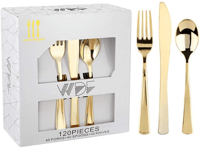 WDF 90Pieces Gold Plastic Silverware-Gold Plastic Cutlery with White Handle- Heavyweight Disposable Flatware Include 30Forks, 30 Spoons, 30 Knives Home & Garden > Kitchen & Dining > Tableware > Flatware > Flatware Sets WDF Gold Cutlery  