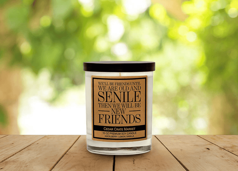 We'll Be Friends Until We are Old and Senile Then We Will Be New Friends - Best Friend Funny Candle, Friendship Gifts for Women, Birthday Candle Gifts for Female, Funny Gifts, Scented Soy Home & Garden > Decor > Home Fragrances > Candles Cedar Crate Market   