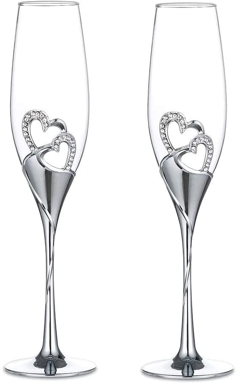 Wedding Champagne Glass Set Gold Toasting Flute Glasses Deluxe Pack of 2 with Rhinestone Rimmed Hearts Decoration for Wedding, Anniversary and Special Occasions Home & Garden > Decor > Seasonal & Holiday Decorations China fuzhou Silver  