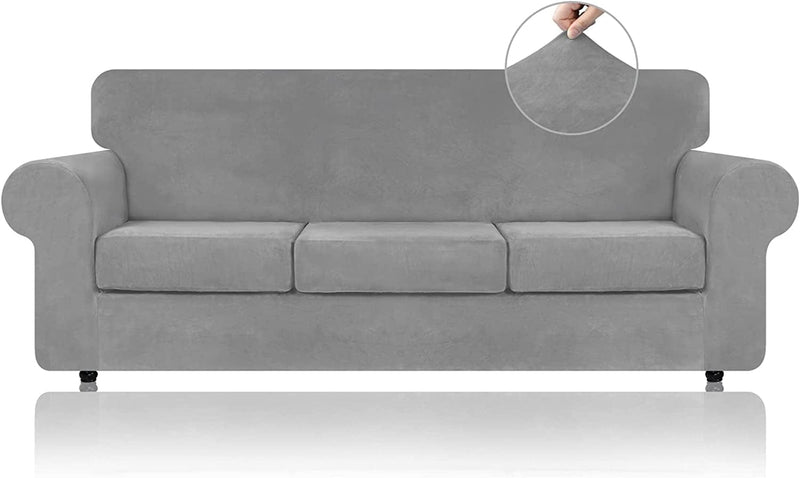 WEERRW 4 Pieces Velvet High Stretch Couch Covers for 3 Cushion Couch Sofa Slipcovers, Washable Furniture Protector with Non Slip Elastic Bottom, Feature Soft and Thick Plush Fabric, Dark Grey, Large Home & Garden > Decor > Chair & Sofa Cushions WEERRW Silver Grey Large 