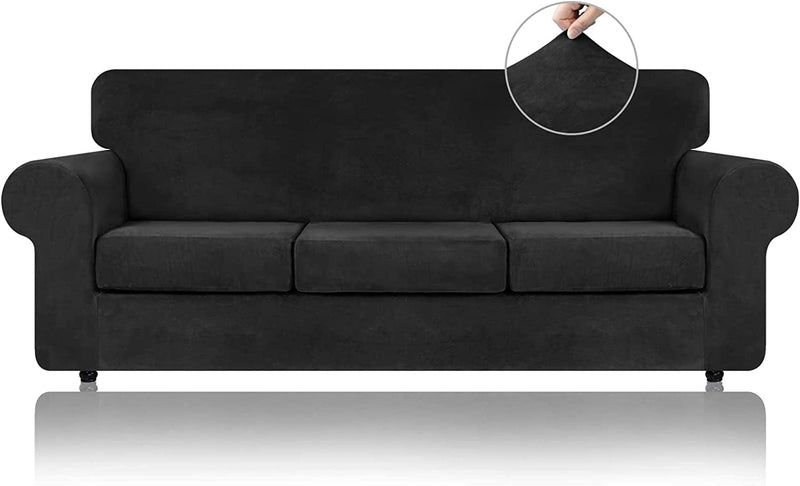 WEERRW 4 Pieces Velvet High Stretch Couch Covers for 3 Cushion Couch Sofa Slipcovers, Washable Furniture Protector with Non Slip Elastic Bottom, Feature Soft and Thick Plush Fabric, Dark Grey, Large Home & Garden > Decor > Chair & Sofa Cushions WEERRW Black Large 