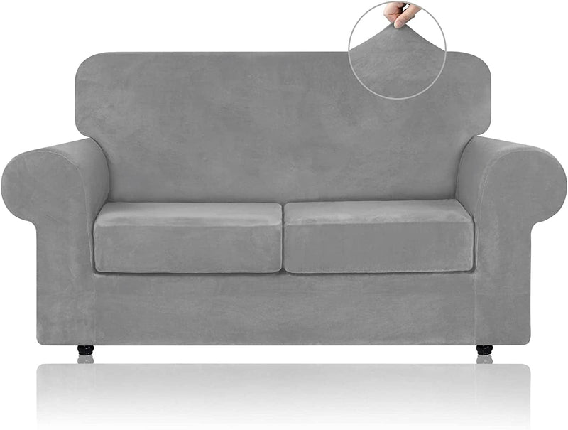 WEERRW 4 Pieces Velvet High Stretch Couch Covers for 3 Cushion Couch Sofa Slipcovers, Washable Furniture Protector with Non Slip Elastic Bottom, Feature Soft and Thick Plush Fabric, Dark Grey, Large Home & Garden > Decor > Chair & Sofa Cushions WEERRW Silver Grey Medium 