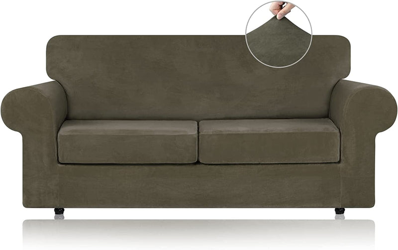 WEERRW 4 Pieces Velvet High Stretch Couch Covers for 3 Cushion Couch Sofa Slipcovers, Washable Furniture Protector with Non Slip Elastic Bottom, Feature Soft and Thick Plush Fabric, Dark Grey, Large Home & Garden > Decor > Chair & Sofa Cushions WEERRW Light Brown Medium 