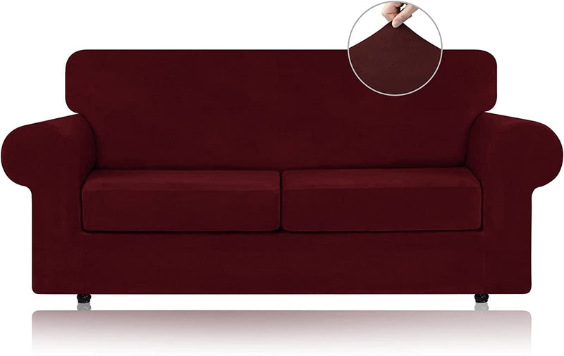 WEERRW 4 Pieces Velvet High Stretch Couch Covers for 3 Cushion Couch Sofa Slipcovers, Washable Furniture Protector with Non Slip Elastic Bottom, Feature Soft and Thick Plush Fabric, Dark Grey, Large Home & Garden > Decor > Chair & Sofa Cushions WEERRW Red Medium 