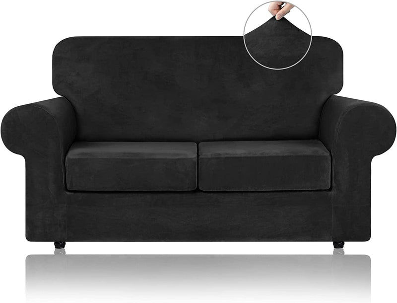 WEERRW 4 Pieces Velvet High Stretch Couch Covers for 3 Cushion Couch Sofa Slipcovers, Washable Furniture Protector with Non Slip Elastic Bottom, Feature Soft and Thick Plush Fabric, Dark Grey, Large Home & Garden > Decor > Chair & Sofa Cushions WEERRW Black Medium 
