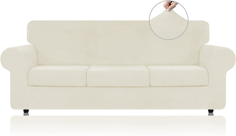 WEERRW 4 Pieces Velvet High Stretch Couch Covers for 3 Cushion Couch Sofa Slipcovers, Washable Furniture Protector with Non Slip Elastic Bottom, Feature Soft and Thick Plush Fabric, Dark Grey, Large Home & Garden > Decor > Chair & Sofa Cushions WEERRW Ivory Large 