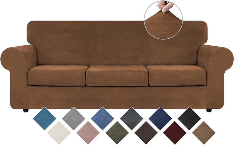 WEERRW 4 Pieces Velvet High Stretch Couch Covers for 3 Cushion Couch Sofa Slipcovers, Washable Furniture Protector with Non Slip Elastic Bottom, Feature Soft and Thick Plush Fabric, Dark Grey, Large Home & Garden > Decor > Chair & Sofa Cushions WEERRW Camel Large 