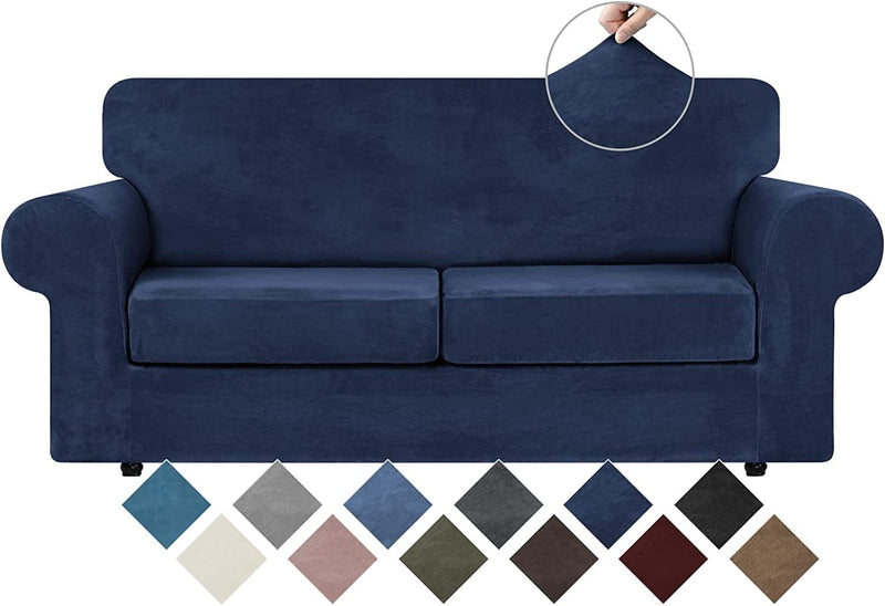 WEERRW 4 Pieces Velvet High Stretch Couch Covers for 3 Cushion Couch Sofa Slipcovers, Washable Furniture Protector with Non Slip Elastic Bottom, Feature Soft and Thick Plush Fabric, Dark Grey, Large Home & Garden > Decor > Chair & Sofa Cushions WEERRW Navy Blue Medium 