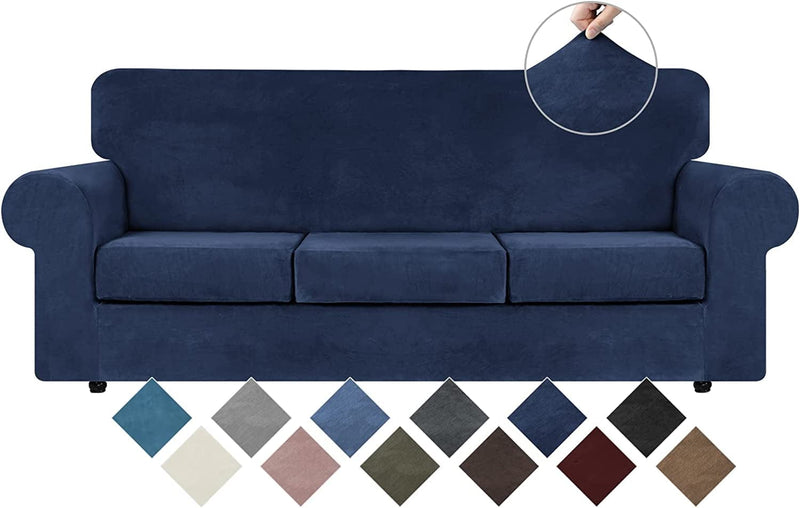 WEERRW 4 Pieces Velvet High Stretch Couch Covers for 3 Cushion Couch Sofa Slipcovers, Washable Furniture Protector with Non Slip Elastic Bottom, Feature Soft and Thick Plush Fabric, Dark Grey, Large Home & Garden > Decor > Chair & Sofa Cushions WEERRW Navy Blue Large 