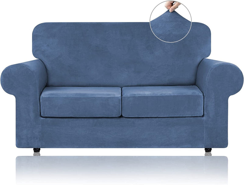 WEERRW 4 Pieces Velvet High Stretch Couch Covers for 3 Cushion Couch Sofa Slipcovers, Washable Furniture Protector with Non Slip Elastic Bottom, Feature Soft and Thick Plush Fabric, Dark Grey, Large Home & Garden > Decor > Chair & Sofa Cushions WEERRW Light Blue Medium 