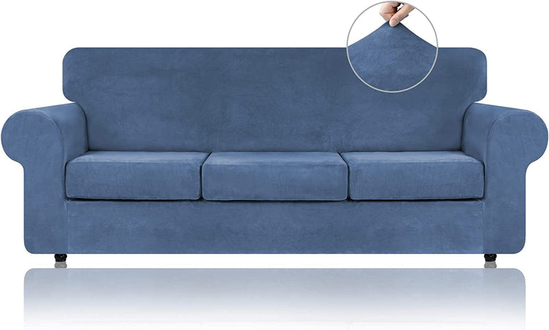 WEERRW 4 Pieces Velvet High Stretch Couch Covers for 3 Cushion Couch Sofa Slipcovers, Washable Furniture Protector with Non Slip Elastic Bottom, Feature Soft and Thick Plush Fabric, Dark Grey, Large Home & Garden > Decor > Chair & Sofa Cushions WEERRW Light Blue Large 