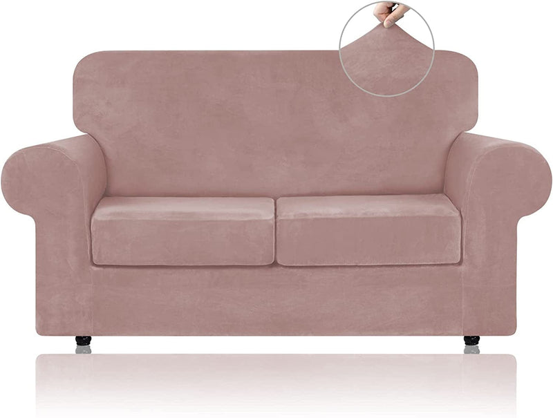 WEERRW 4 Pieces Velvet High Stretch Couch Covers for 3 Cushion Couch Sofa Slipcovers, Washable Furniture Protector with Non Slip Elastic Bottom, Feature Soft and Thick Plush Fabric, Dark Grey, Large Home & Garden > Decor > Chair & Sofa Cushions WEERRW Pink Medium 