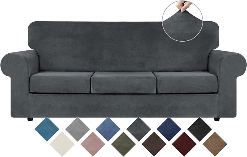 WEERRW 4 Pieces Velvet High Stretch Couch Covers for 3 Cushion Couch Sofa Slipcovers, Washable Furniture Protector with Non Slip Elastic Bottom, Feature Soft and Thick Plush Fabric, Dark Grey, Large