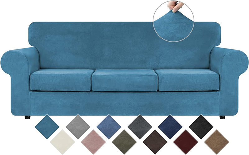 WEERRW 4 Pieces Velvet High Stretch Couch Covers for 3 Cushion Couch Sofa Slipcovers, Washable Furniture Protector with Non Slip Elastic Bottom, Feature Soft and Thick Plush Fabric, Dark Grey, Large Home & Garden > Decor > Chair & Sofa Cushions WEERRW Peacock Blue Large 