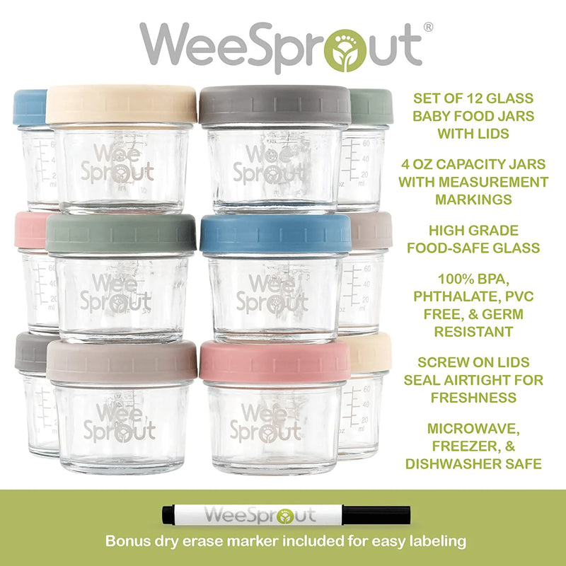 WeeSprout Glass Baby Food Storage Jars - 12 Set, 4 oz Baby Food Jars with Lids, Freezer Storage, Reusable Small Glass Baby Food Containers, Microwave & Dishwasher Friendly, for Infants & Babies