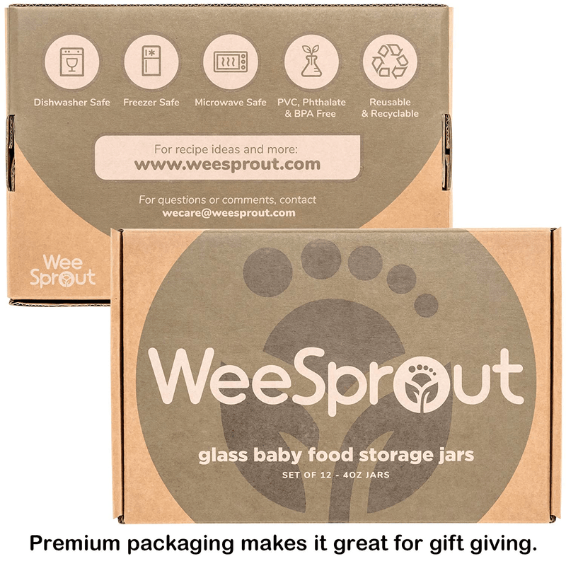 WeeSprout Glass Baby Food Storage Jars - 12 Set, 4 oz Baby Food Jars with Lids, Freezer Storage, Reusable Small Glass Baby Food Containers, Microwave & Dishwasher Friendly, for Infants & Babies