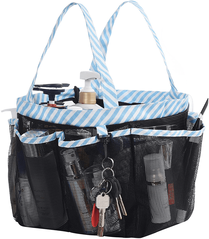 WEHUSE Mesh Shower Caddy Tote with Waterproof Inner Bag, Black Portable Shower Caddy for College Dorm Bathroom Camp, 8 Basket Pocket Sporting Goods > Outdoor Recreation > Camping & Hiking > Portable Toilets & Showers HomeE Blue Stripe  
