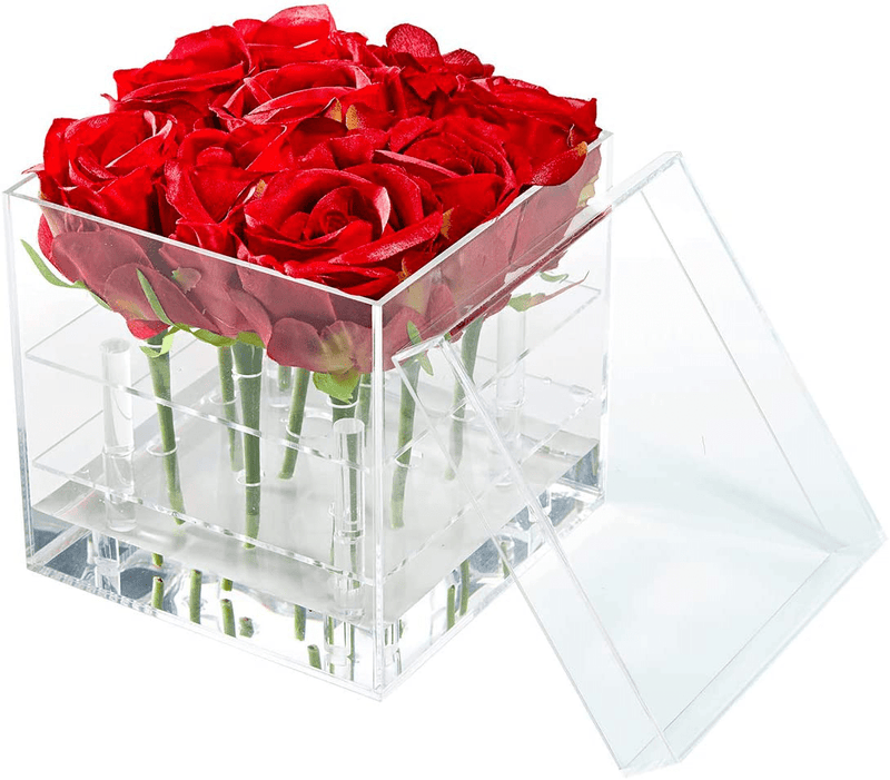Weiai Acrylic Flower Box Water Holder, Clear Rose Pots Stand - Decorative Square Vase with Removable 2 Tiers 9 Holes - Valentine's Day, Mother's Day, Birthday Gift Home & Garden > Decor > Vases Weiai 9 Holes: 6.30*6.30*6.12 inch  