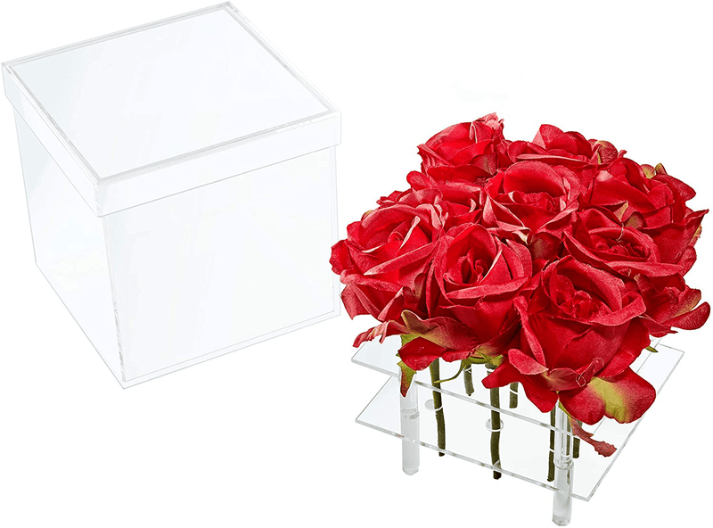 Weiai Acrylic Flower Box Water Holder, Clear Rose Pots Stand - Decorative Square Vase with Removable 2 Tiers 9 Holes - Valentine's Day, Mother's Day, Birthday Gift