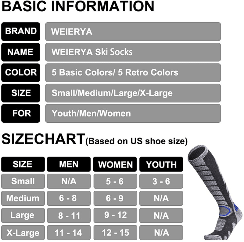 WEIERYA Ski Socks 2 Pairs Pack for Skiing, Snowboarding, Outdoor Sports Performance Socks