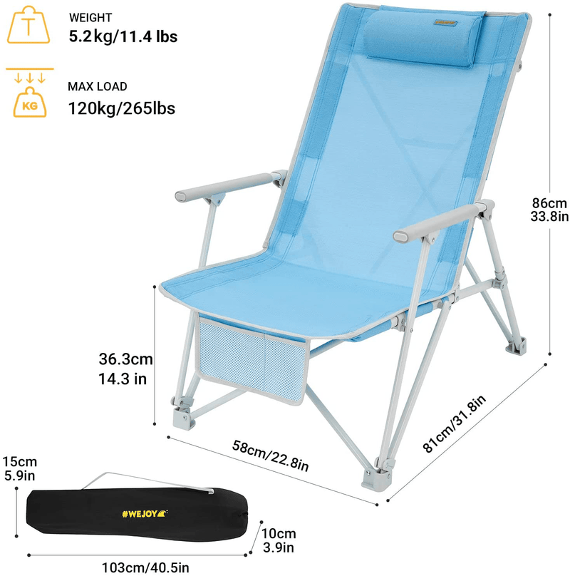 #WEJOY 2 Pack High Back Folding Beach Chair,Portable Lightweight Camping Lawn Chairs for Adults with Hard Arm,Headrest,Pocket for Outdoor Camp Festival Sand Concert Travel Picnic BBQ, 265 LBS