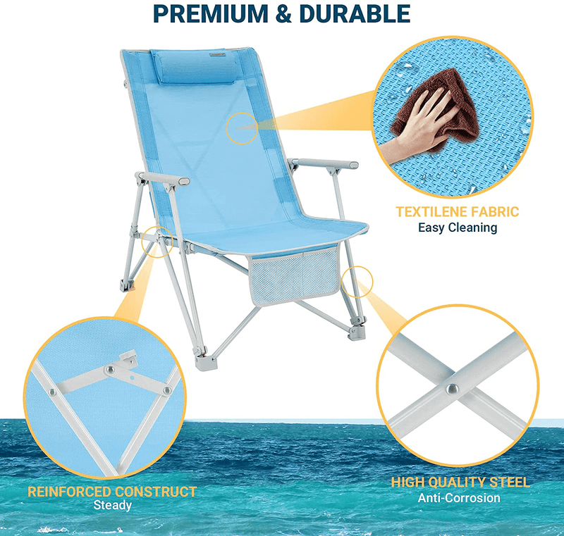 #WEJOY High Back Folding Beach Chair,Portable Lightweight Camping Lawn Chairs for Adults with Hard Arm,Headrest,Pocket for Outdoor Camp Festival Sand Concert Travel Picnic BBQ Sport Events, 265 LBS