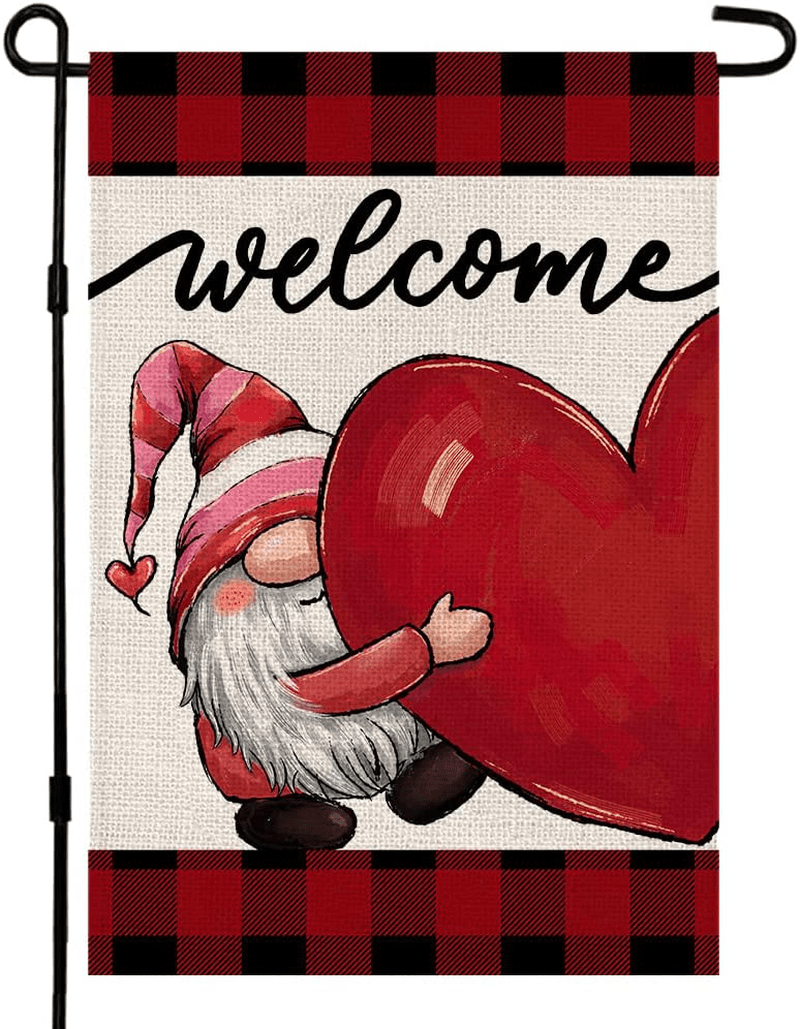 Welcome Gnome Love Heart Garden Flag Vertical Double Sided 12×18 Inch Valentines Day Anniversary Wedding Yard Outdoor Decoration DF007 Home & Garden > Decor > Seasonal & Holiday Decorations Ddian   
