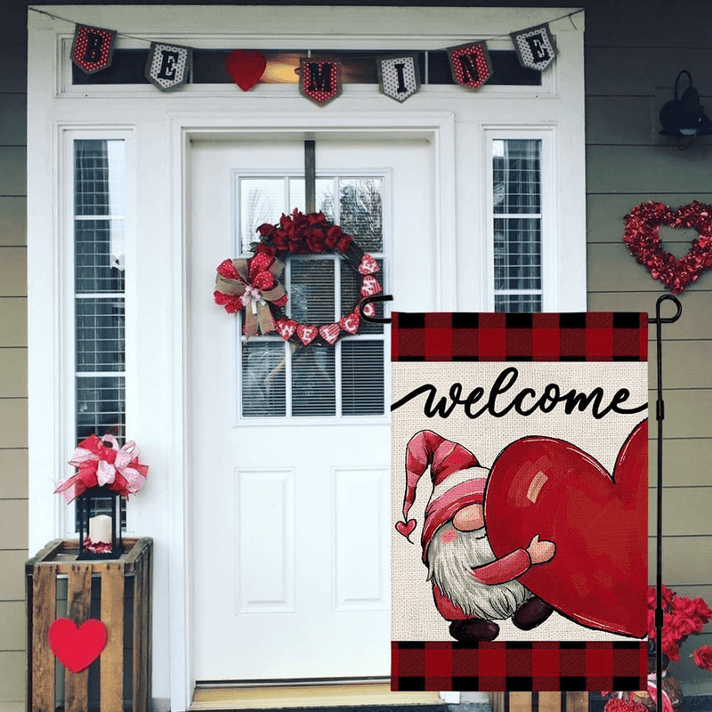 Welcome Gnome Love Heart Garden Flag Vertical Double Sided 12×18 Inch Valentines Day Anniversary Wedding Yard Outdoor Decoration DF007 Home & Garden > Decor > Seasonal & Holiday Decorations Ddian   