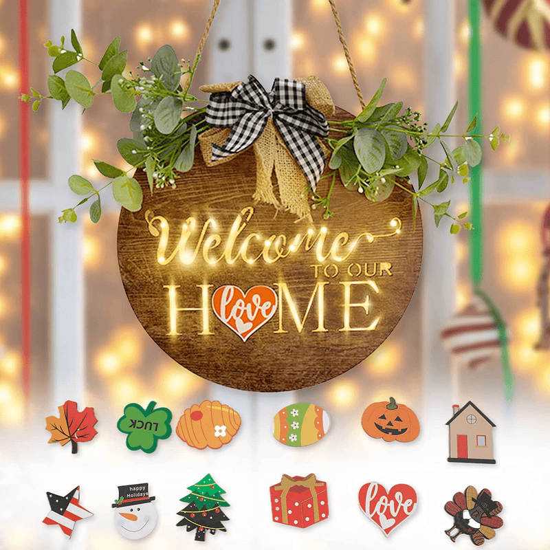 Welcome Sign for Front Door, Welcome Door Hanger Christmas Glowing Wooden Signs with 12PCS Hanging Ornaments, Rustic Holiday Wreath Seasonal Decoration for Outdoor Front Door Hanging Sign Home & Garden > Decor > Seasonal & Holiday Decorations kaiwern   
