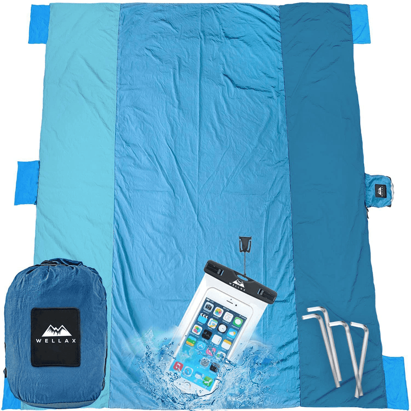WELLAX Beach Blanket Waterproof Sandproof for 4 - 7 Adults, Oversized Lightweight Corner Pockets Picnic Mat 9' x 10', Outdoor Blanket with 4 Metal Stakes for Travel, Camping, Hiking and Festivals Home & Garden > Lawn & Garden > Outdoor Living > Outdoor Blankets > Picnic Blankets WELLAX Blue  